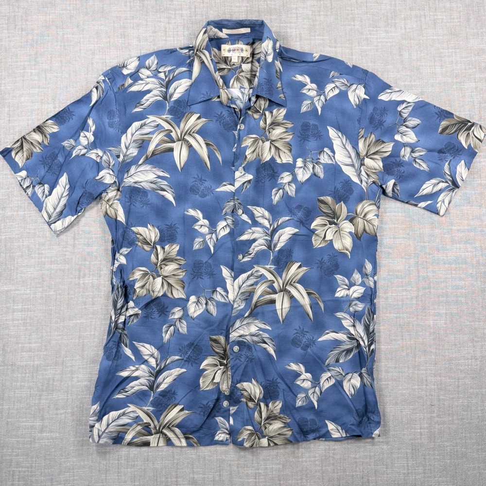 Campia Moda Mens Blue Tropical Leaf Pineapple Rayon Aloha Shirt Medium